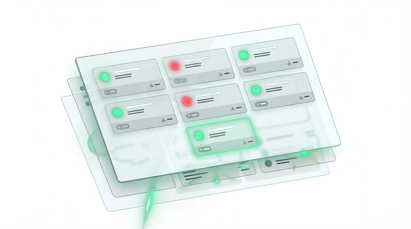 Glassmorphism-Dashboard mit Komponenten-Health-Cards und grün/roten Status-Indikatoren für Software-Lieferketten-Transparenz.